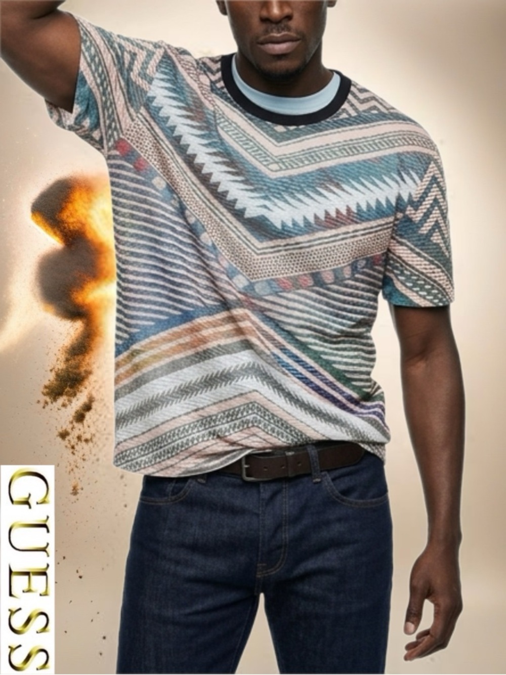 GUESS Men’s Blue & Brown Geometric Short Sleeve Tee